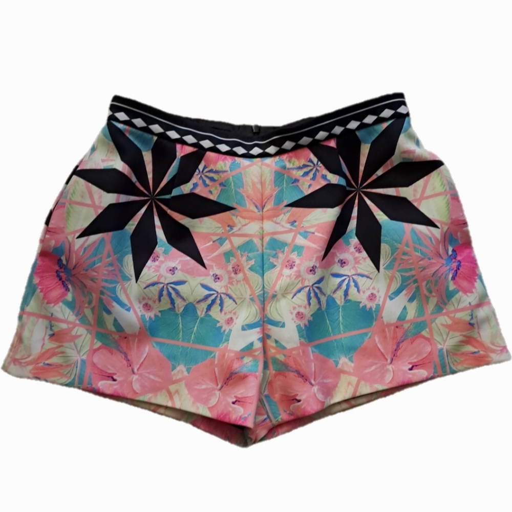 Fairwhale Creative Urbanwear Satiny Floral Bright Summer Shorts Women Size Large
